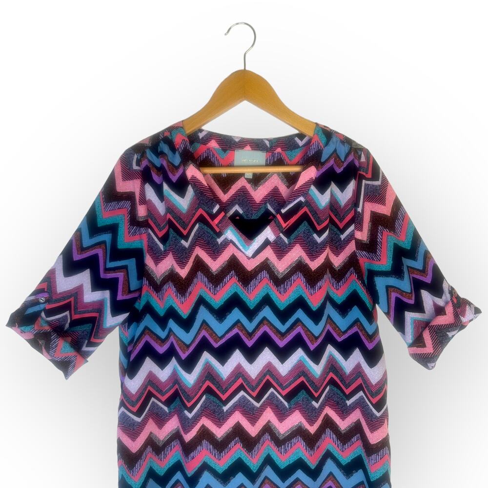Skies Are Blue Chevron Shirt Dress L Multi Pink Purple Teal Black Zig Zag Print - Picture 7 of 12